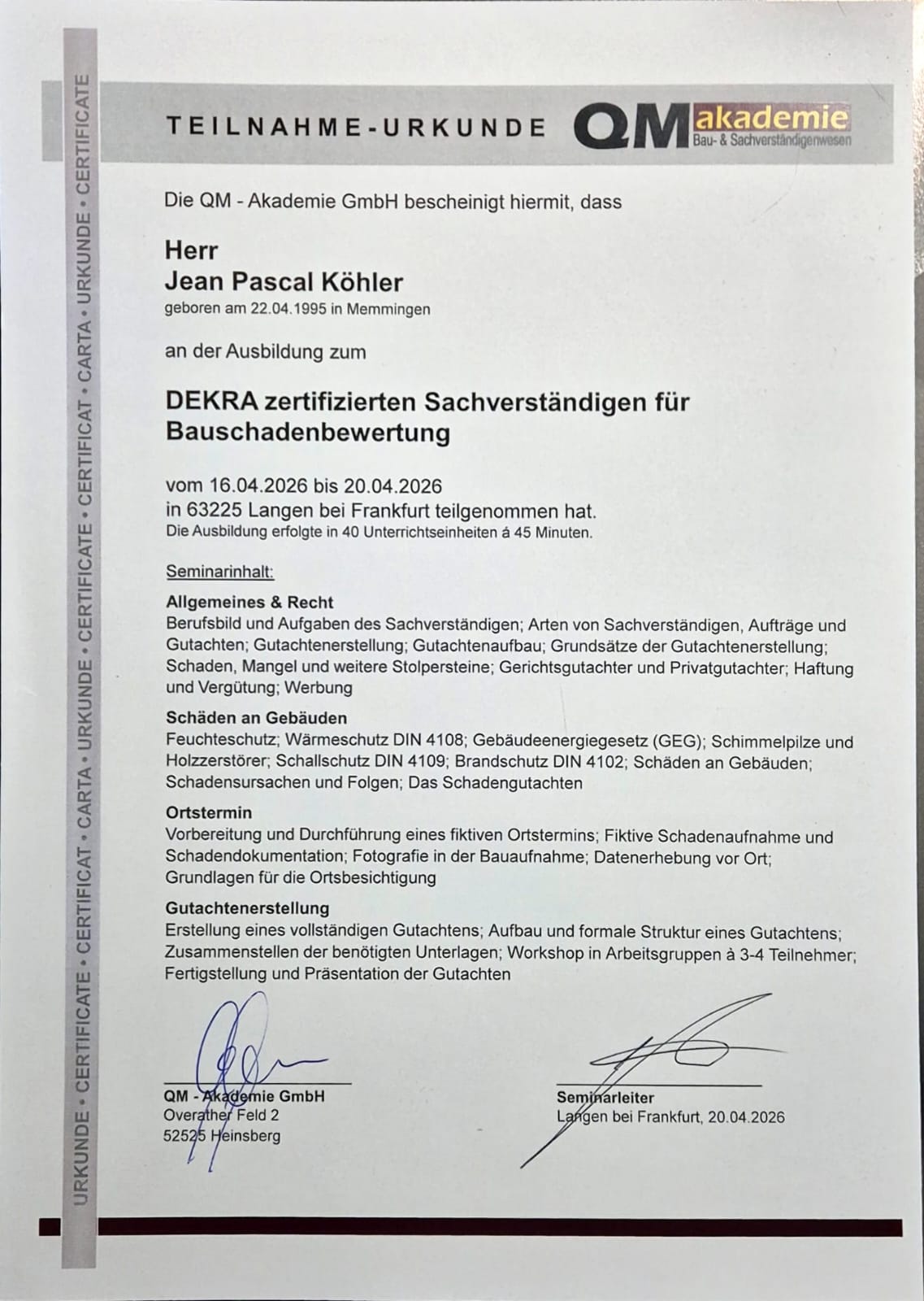 DEKRA-zertifizierter Sachverständiger für Bauschadenbewertung