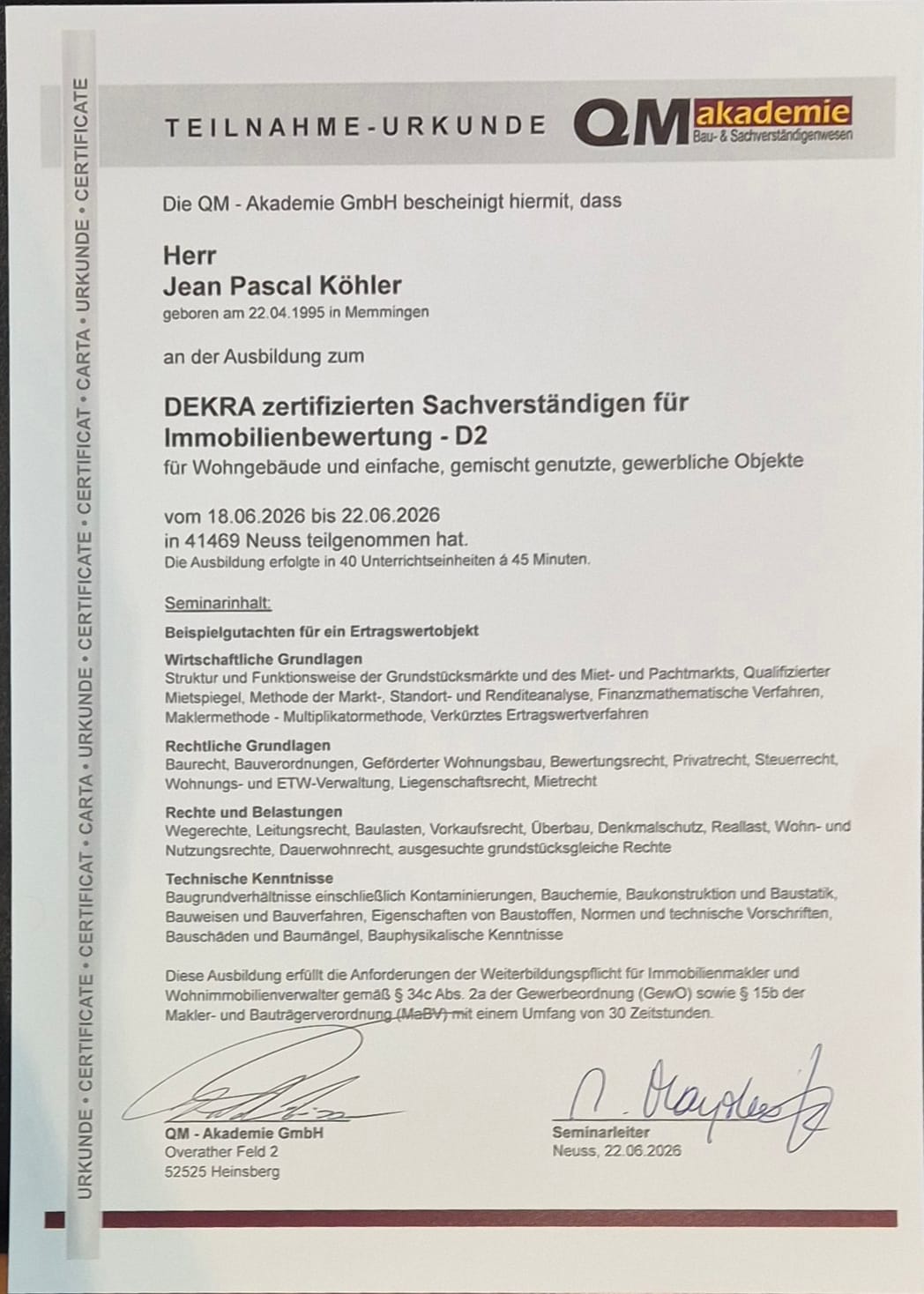 DEKRA-zertifizierter Sachverständiger für Immobilienbewertung D2